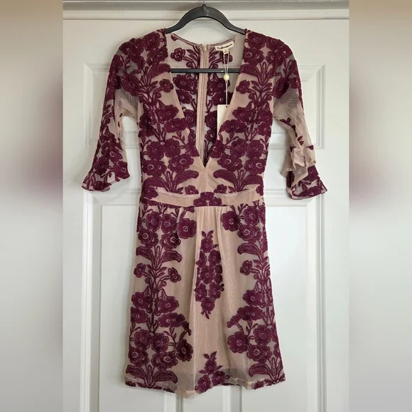 For Love And Lemons Temecula Tan & Purple Embroidered Mesh Mini Dress - Size S - Picture 2 of 10